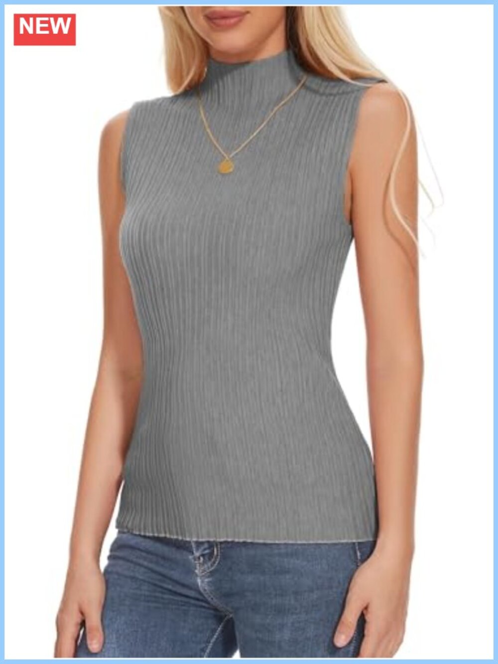 Sleeveless Mock Neck Ribbed Knit Tank Top Form-Fitting Pullover